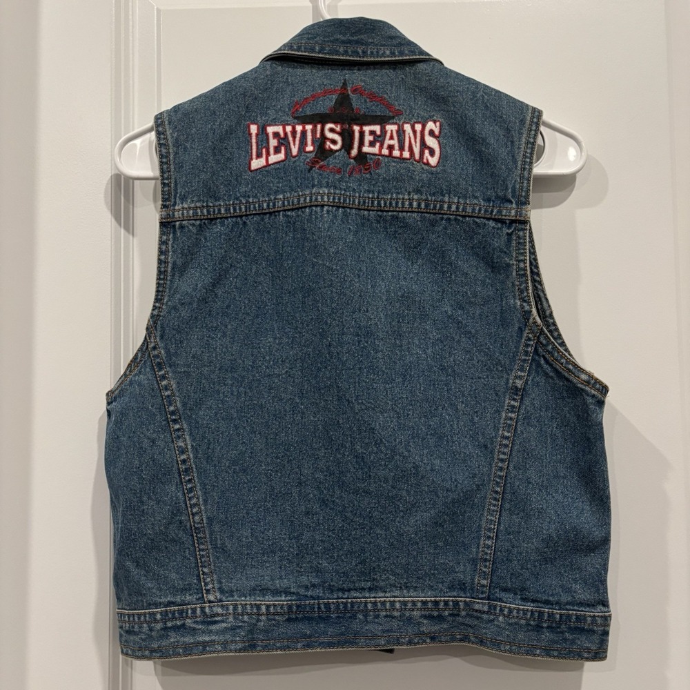 Vintage 90s Levi's Cropped Denim Vest Embroidered Jean Jacket Womens Medium